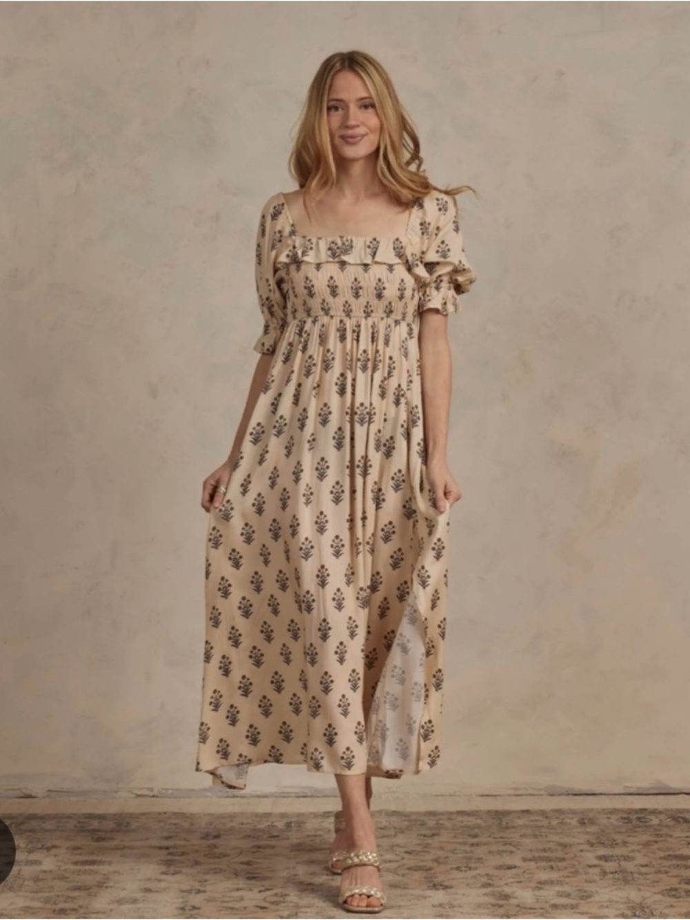 Cream Floral Square-Neck Maxi Dress with Puff Sleeves